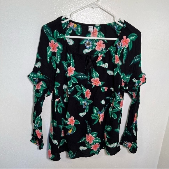 Old Navy Long Sleeve Sexy Swing Blouse Black Birds Tropical Print - Picture 2 of 12